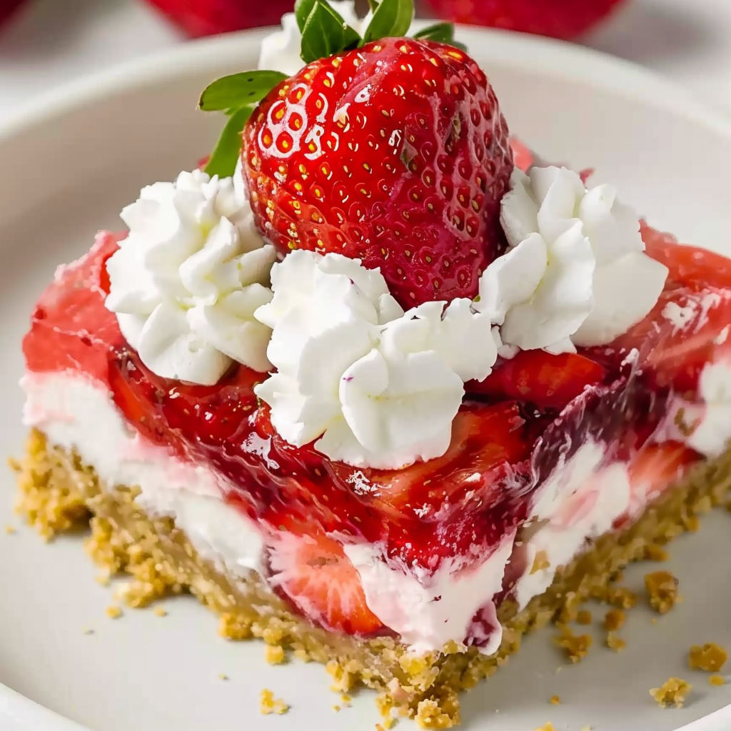 A slice of strawberry jello pretzel salad.