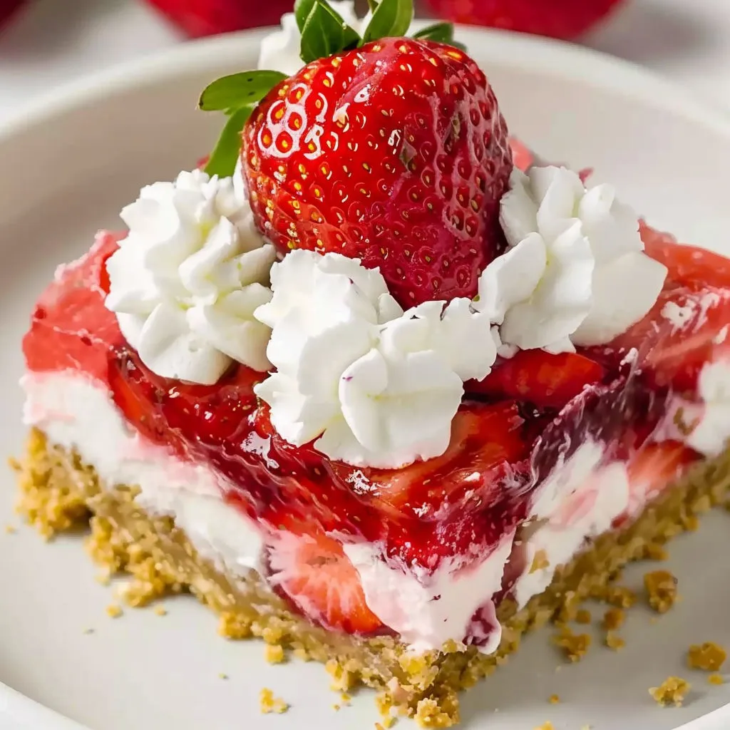 A slice of strawberry jello pretzel salad.