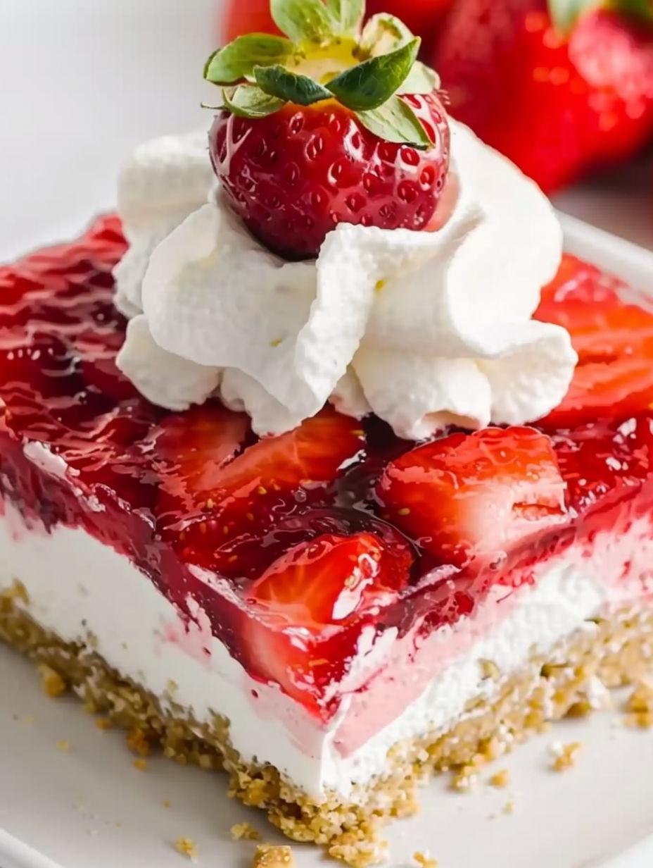 A slice of strawberry jello pretzel salad.