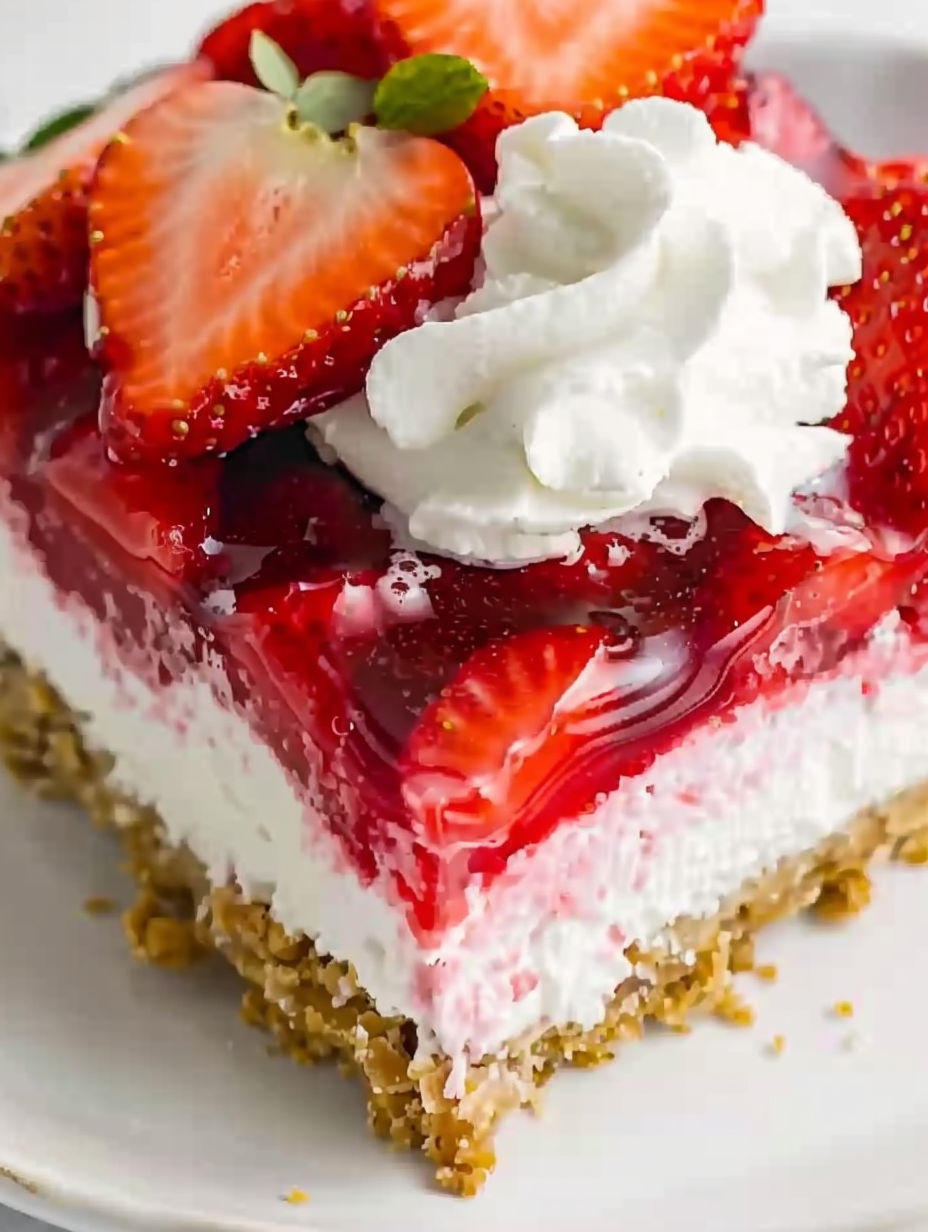 A slice of strawberry jello pretzel salad.