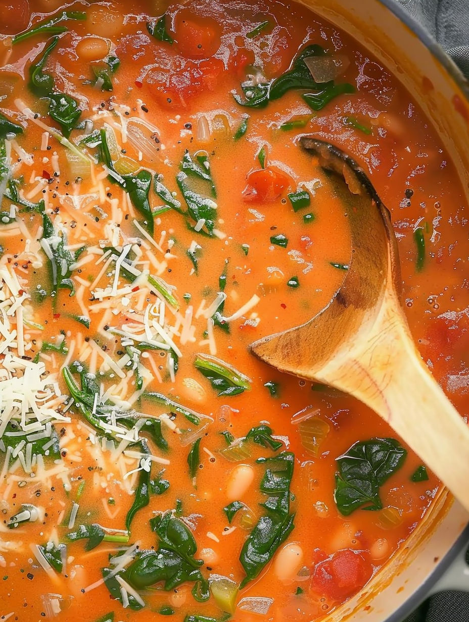 A wooden spoon in a bowl of soup.