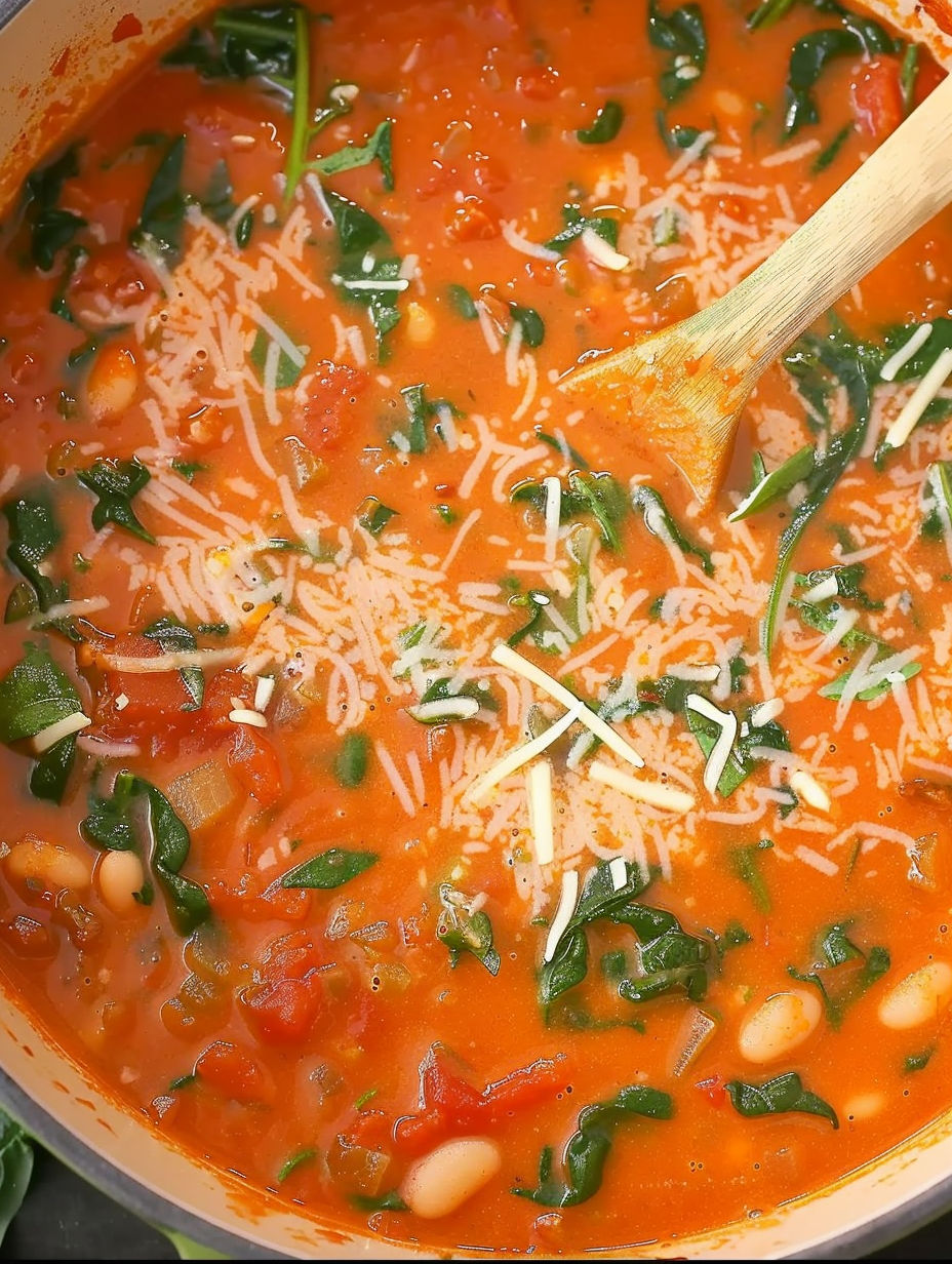A bowl of soup with tomatoes and cheese.