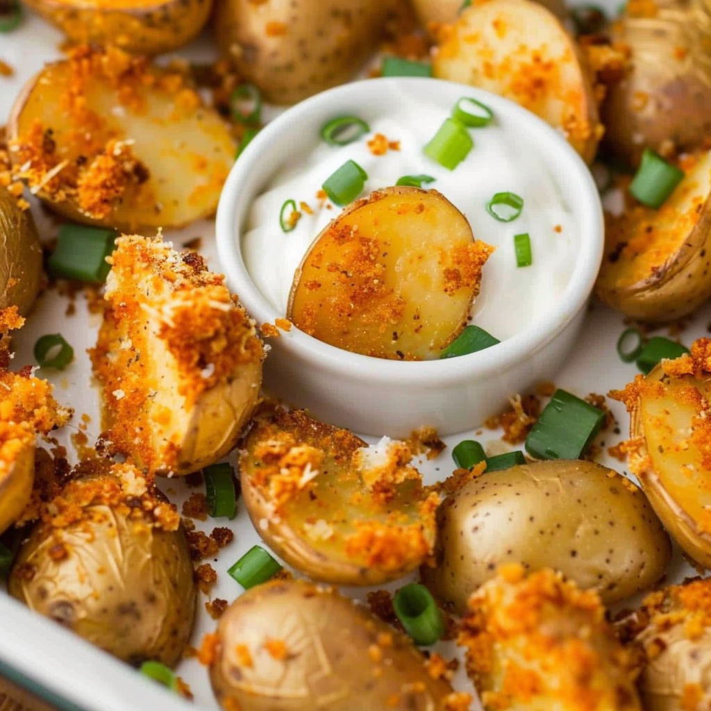 A white bowl of crispy Parmesan potatoes.
