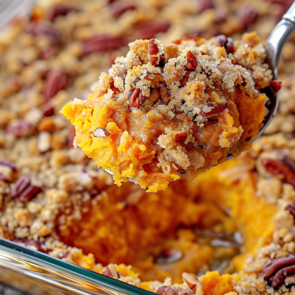 A spoon is in a bowl of sweet potato casserole.