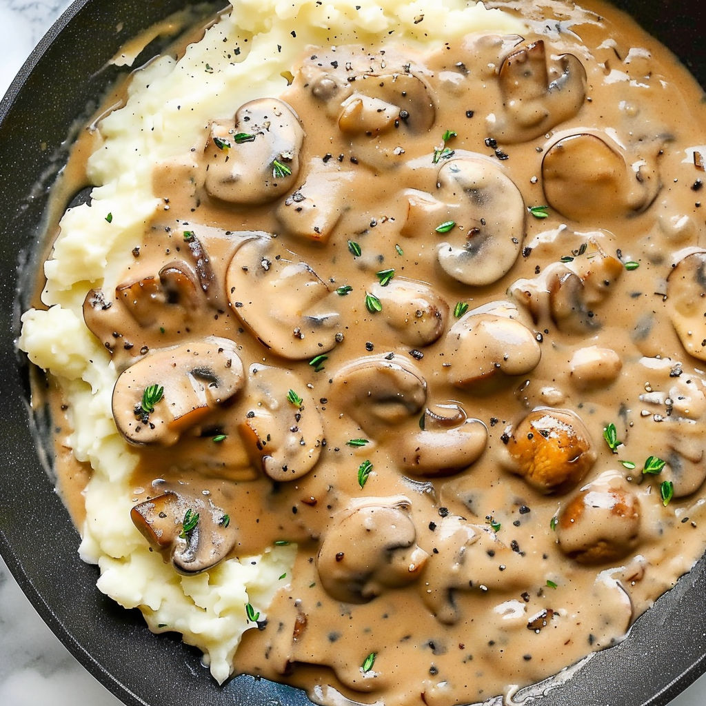 A bowl of mushroom gravy with mushrooms and potatoes.