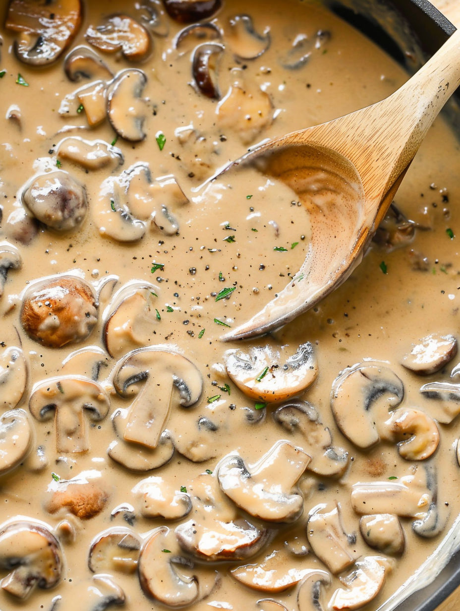 A wooden spoon is in a creamy mushroom gravy.