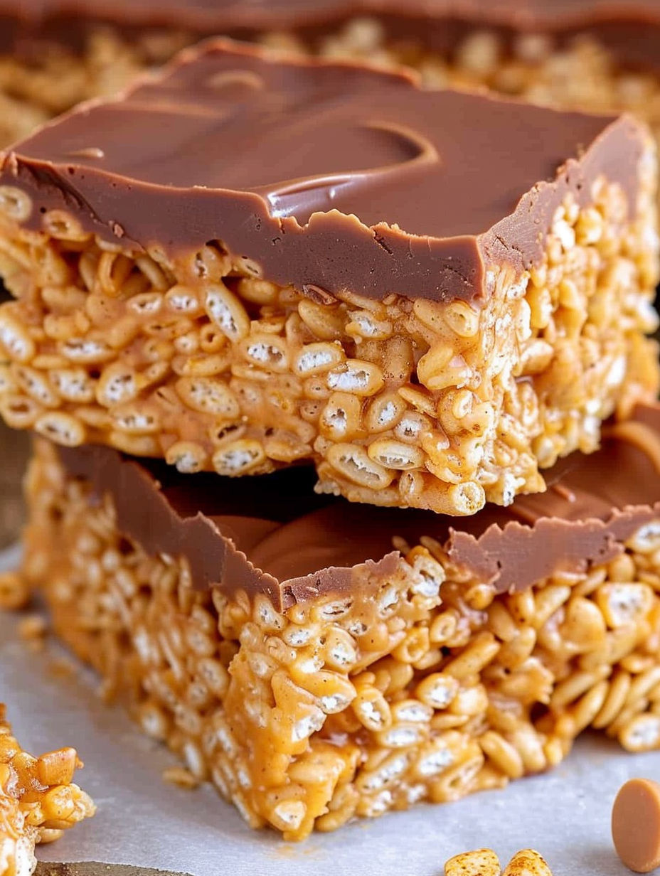 A stack of scotcheroos with chocolate and caramel toppings.