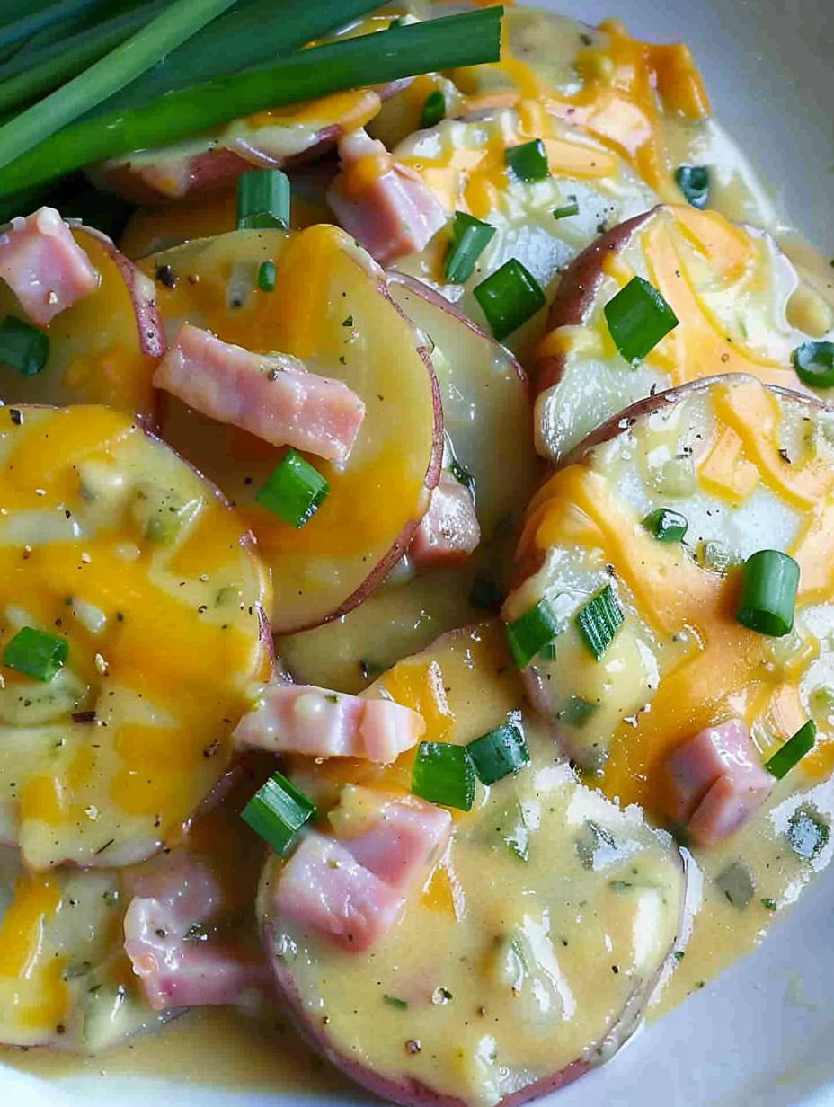 A plate of food with potatoes and ham.