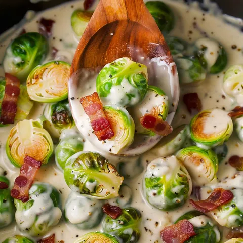 A wooden spoon is in a bowl of Brussels sprouts in Alfredo sauce.
