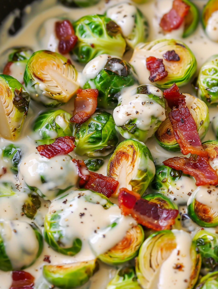 A close up of Brussels sprouts in Alfredo sauce.