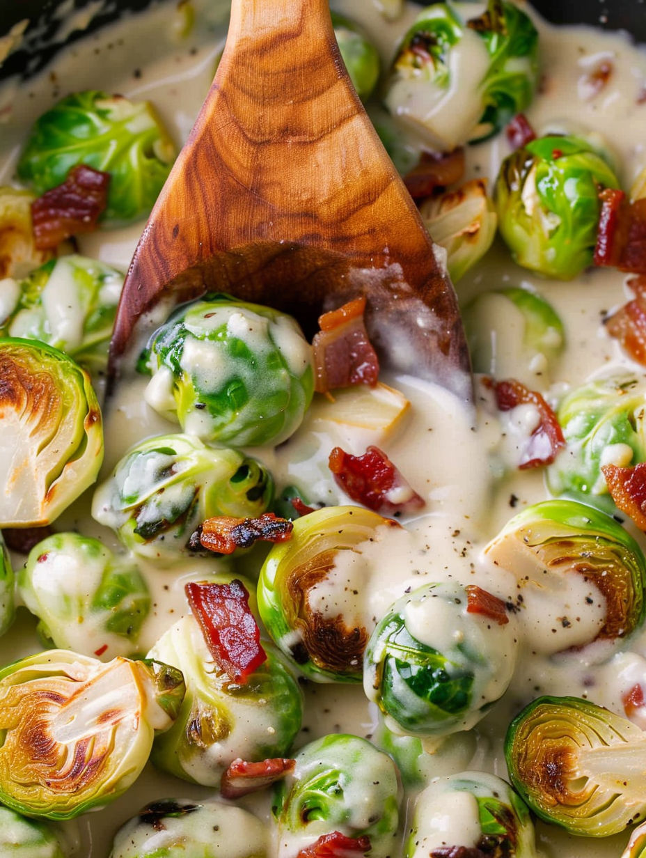 A wooden spoon is in a bowl of Brussels sprouts in Alfredo sauce.