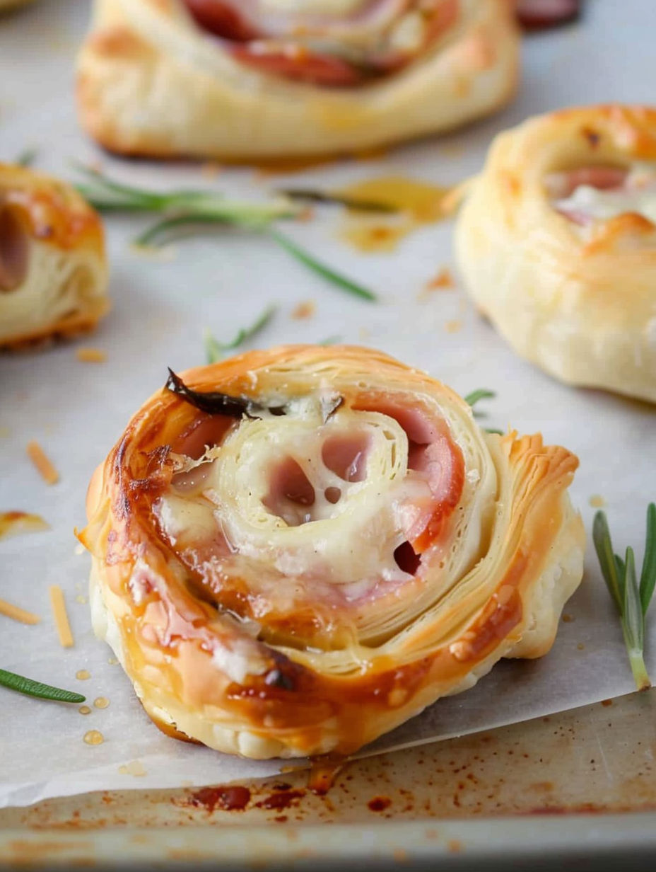 A close up of a ham and cheese pinwheel.