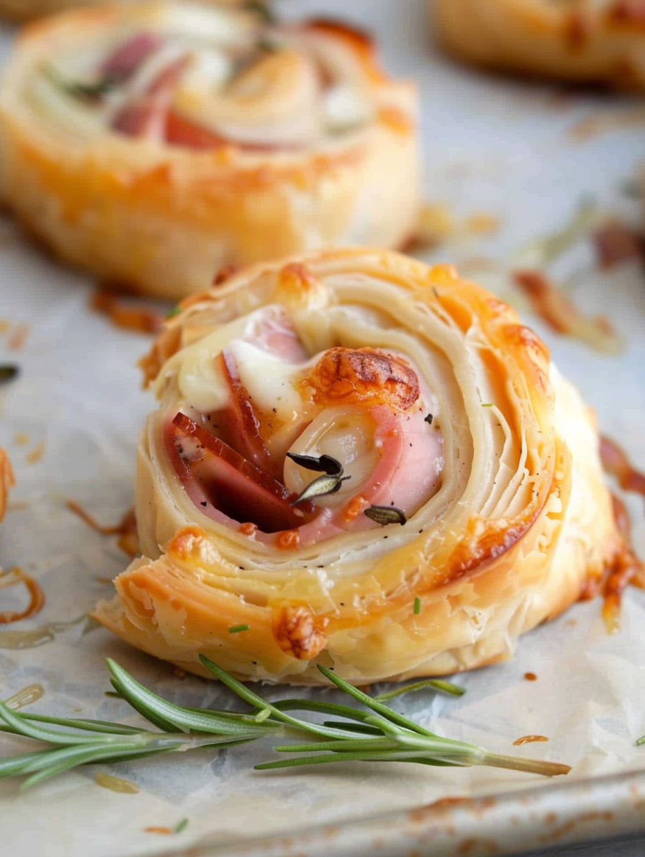A close up of a ham and cheese pinwheel.