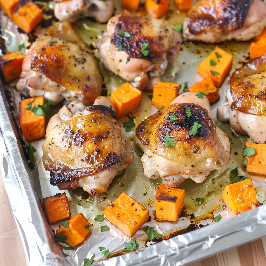 A pan of chicken thighs and sweet potatoes.