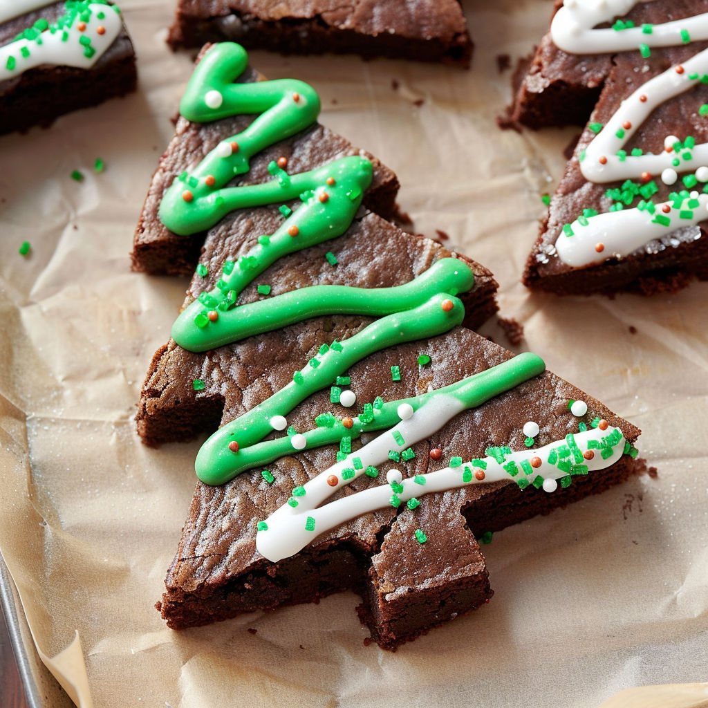 Brownies with green icing and white icing shaped like a christmas tree.