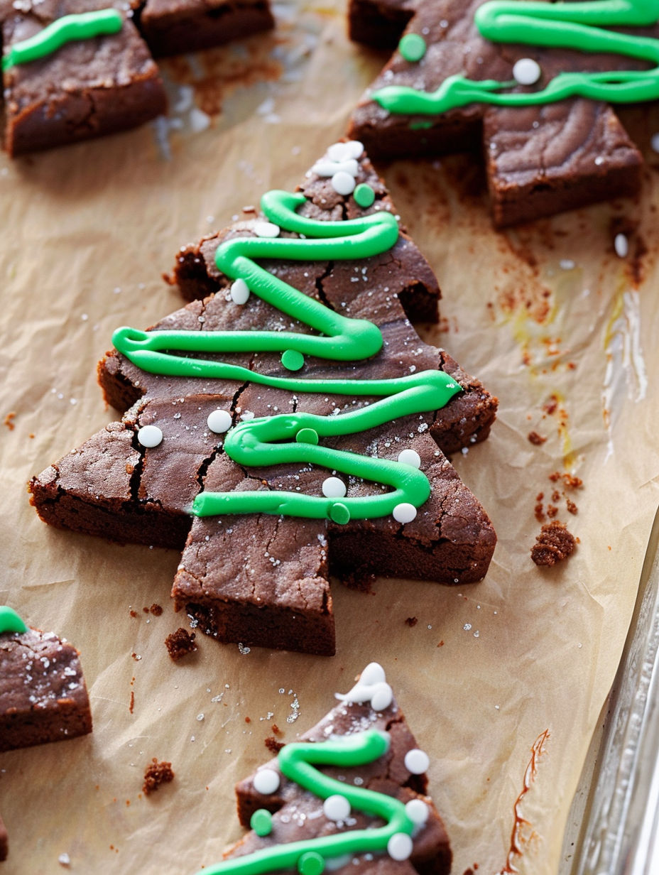 A piece of chocolate cake with a green and white icing shaped like a christmas tree.