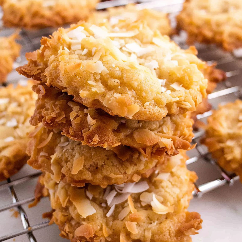 A stack of coconut cookies on a wire rack.