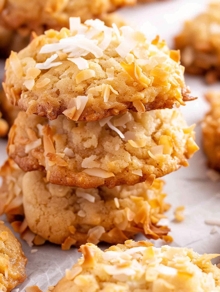 Three stacked cookies with coconut on top.