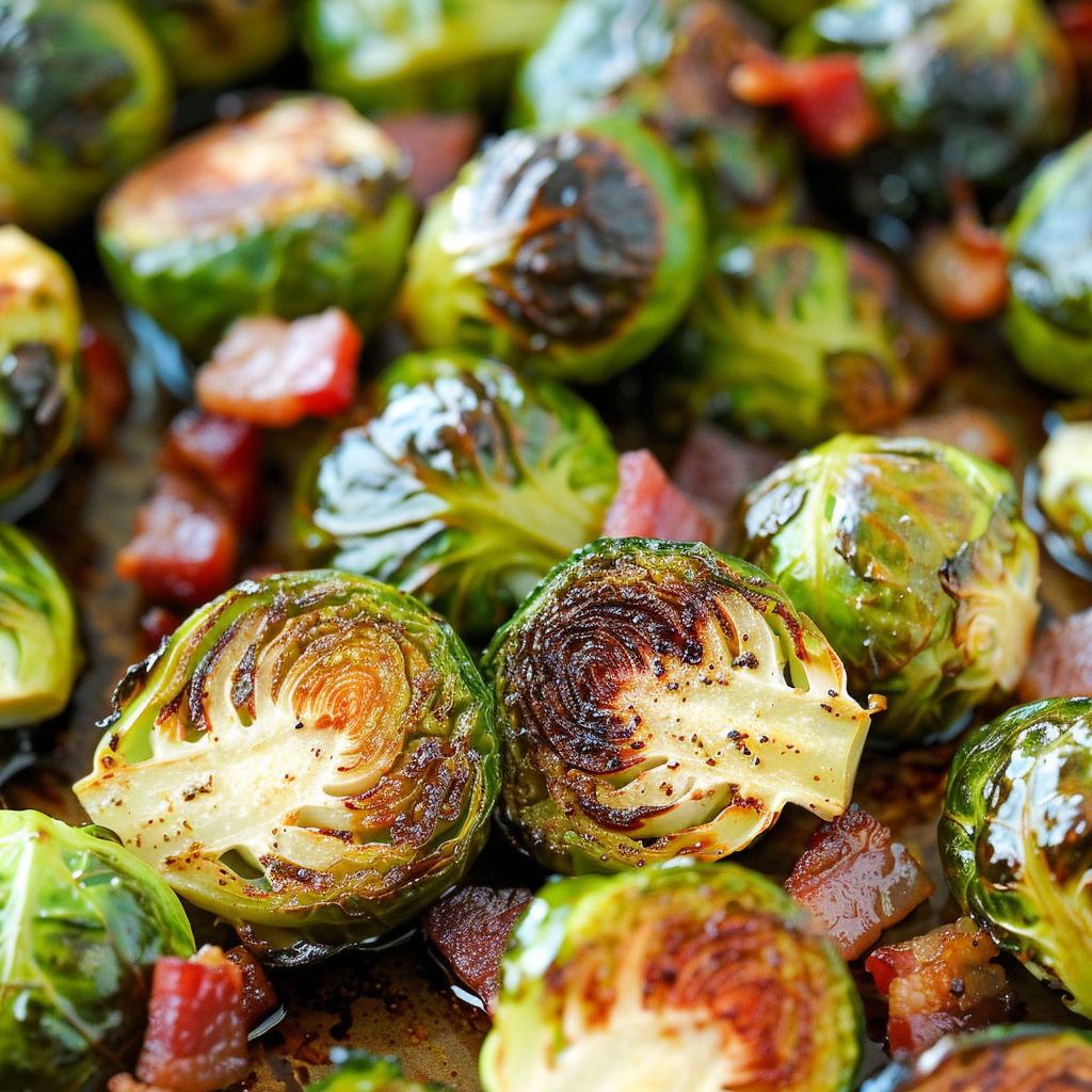 Roasted garlic brussels sprouts with bacon.
