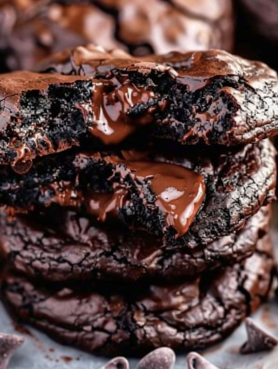 A close up of a chocolate cookie with chocolate drizzled on top.