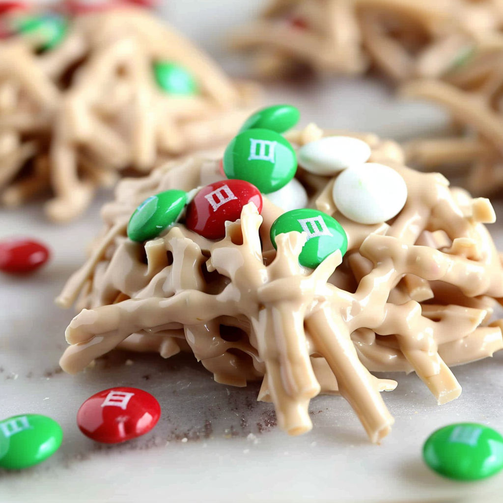 A close up of a holiday haystack with marshmallows and M&M's.