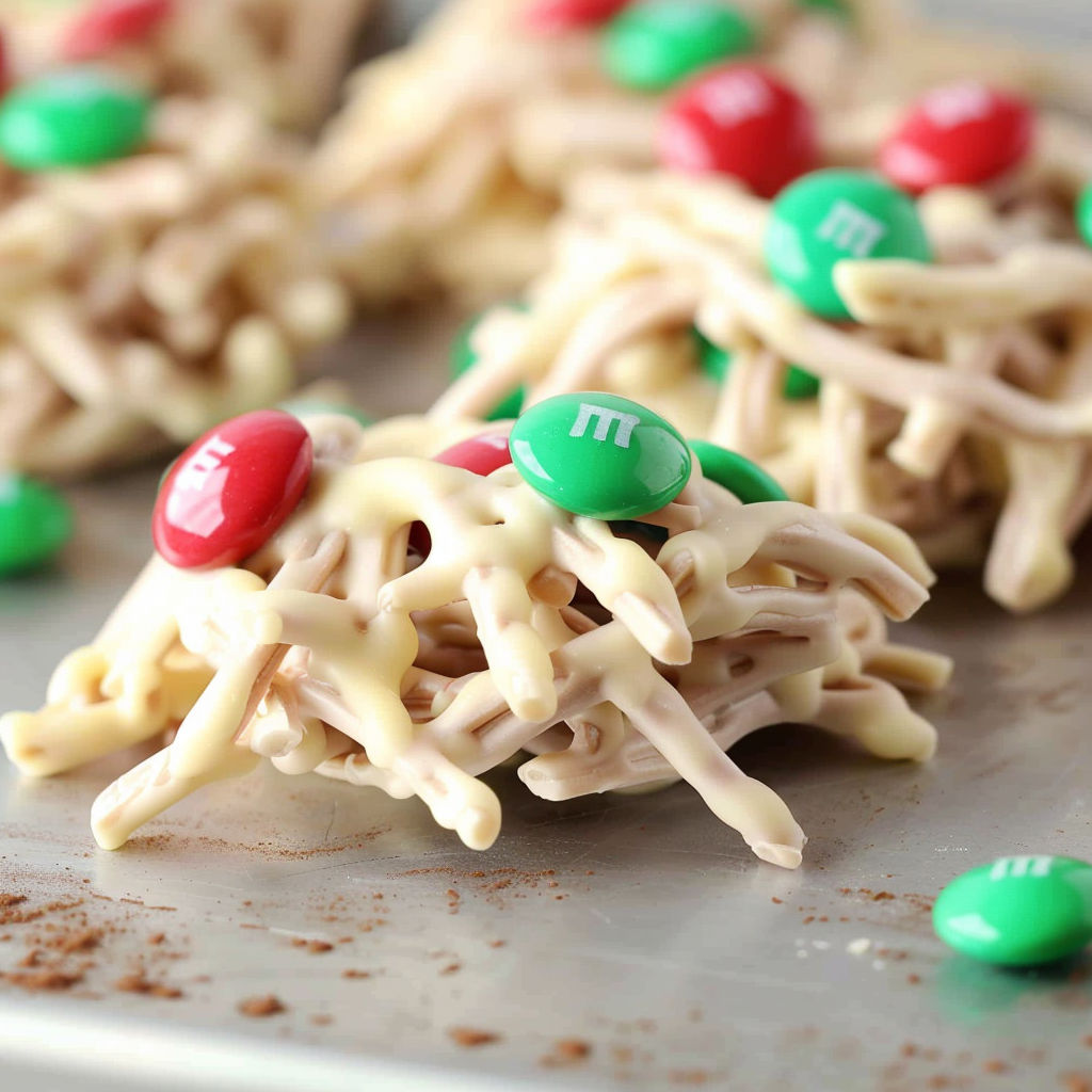 A plate of food with green and red M&M's on top.