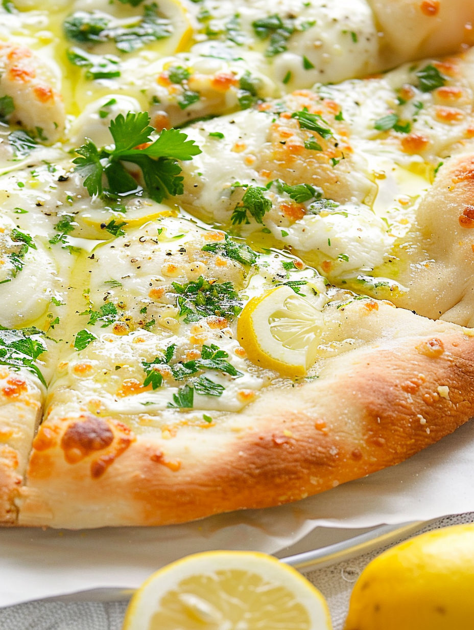 A pizza with lemon and herbs on top.
