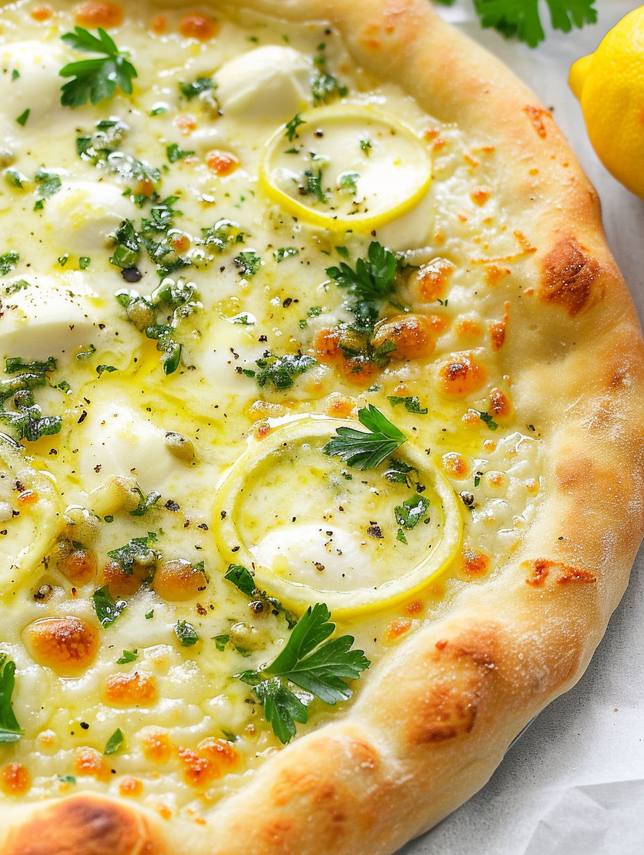 A pizza with cheese and lemon slices on top.