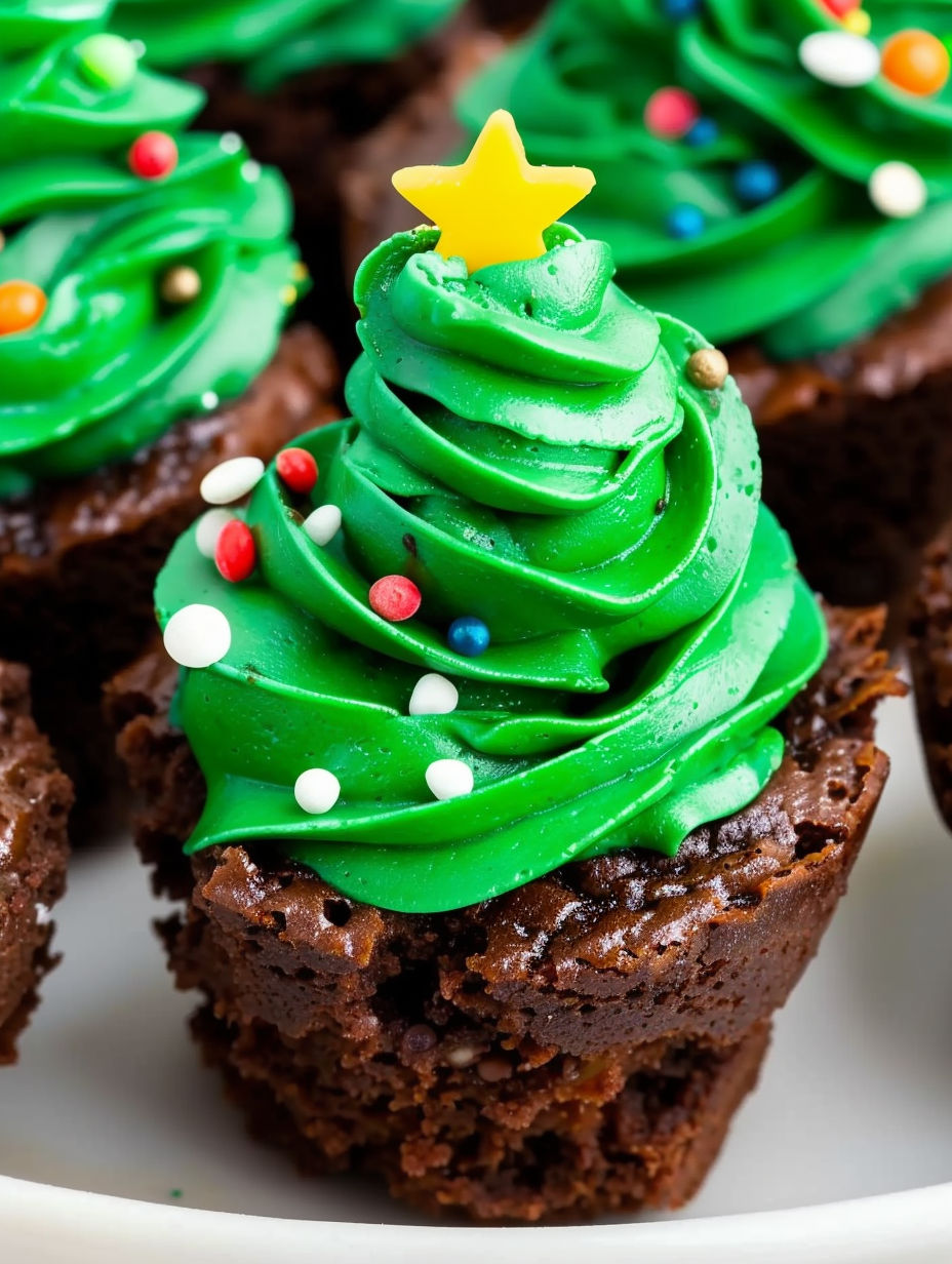 Green and white frosted chocolate cupcake with a star on top.