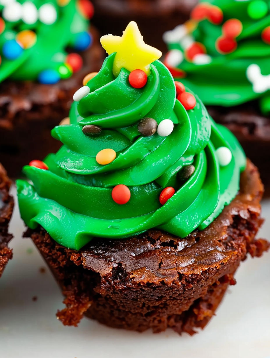 A chocolate brownie with a green frosting and a yellow star on top.