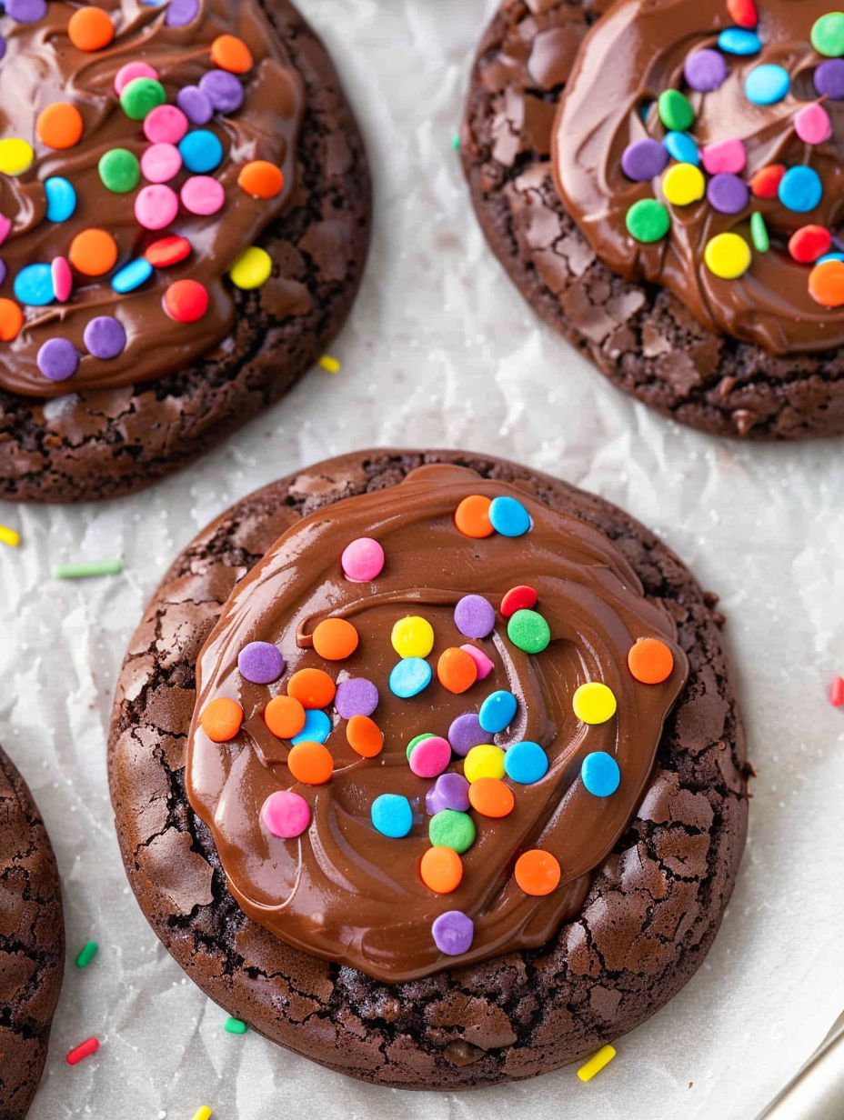 Chocolate chip cookies with chocolate drizzle and sprinkles.