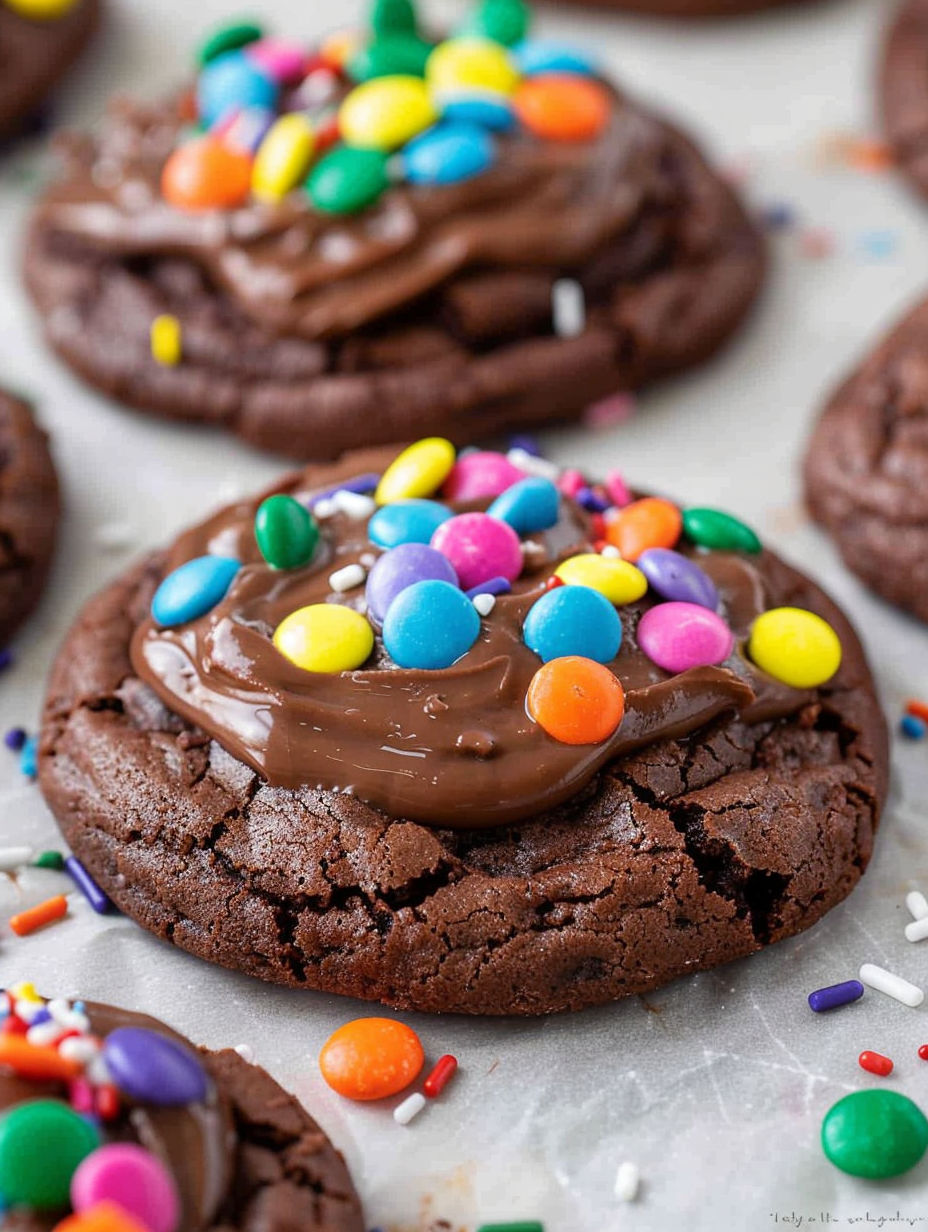 A chocolate cookie with chocolate drizzle and sprinkles.