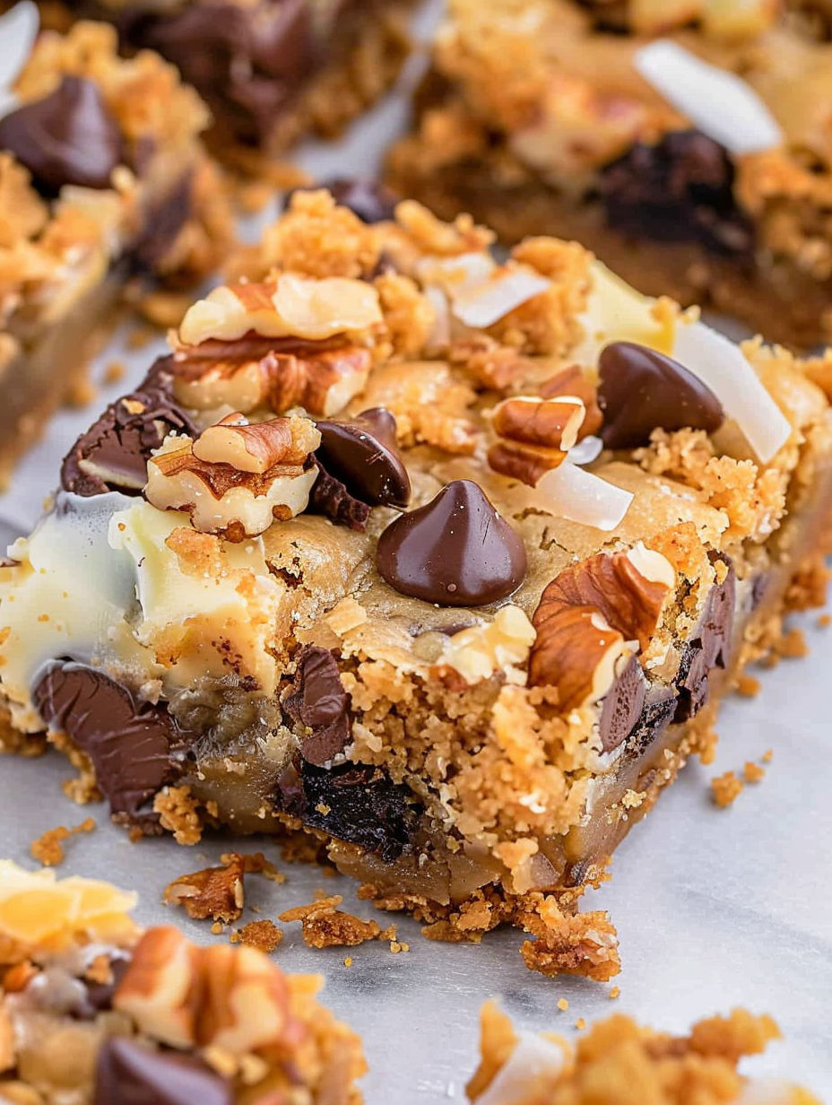 A close up of a dessert with chocolate chips and nuts.