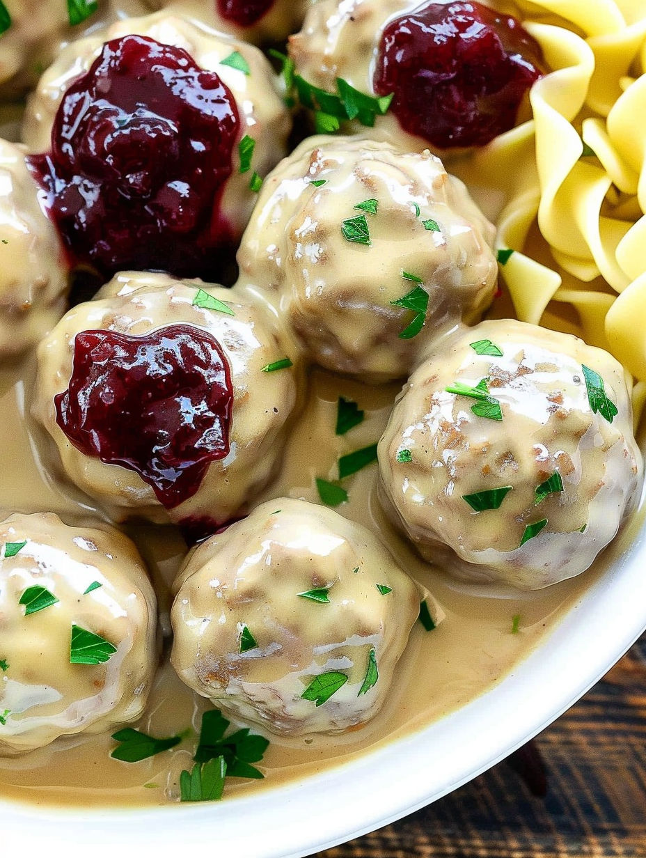 A plate of meatballs with sauce and green herbs.