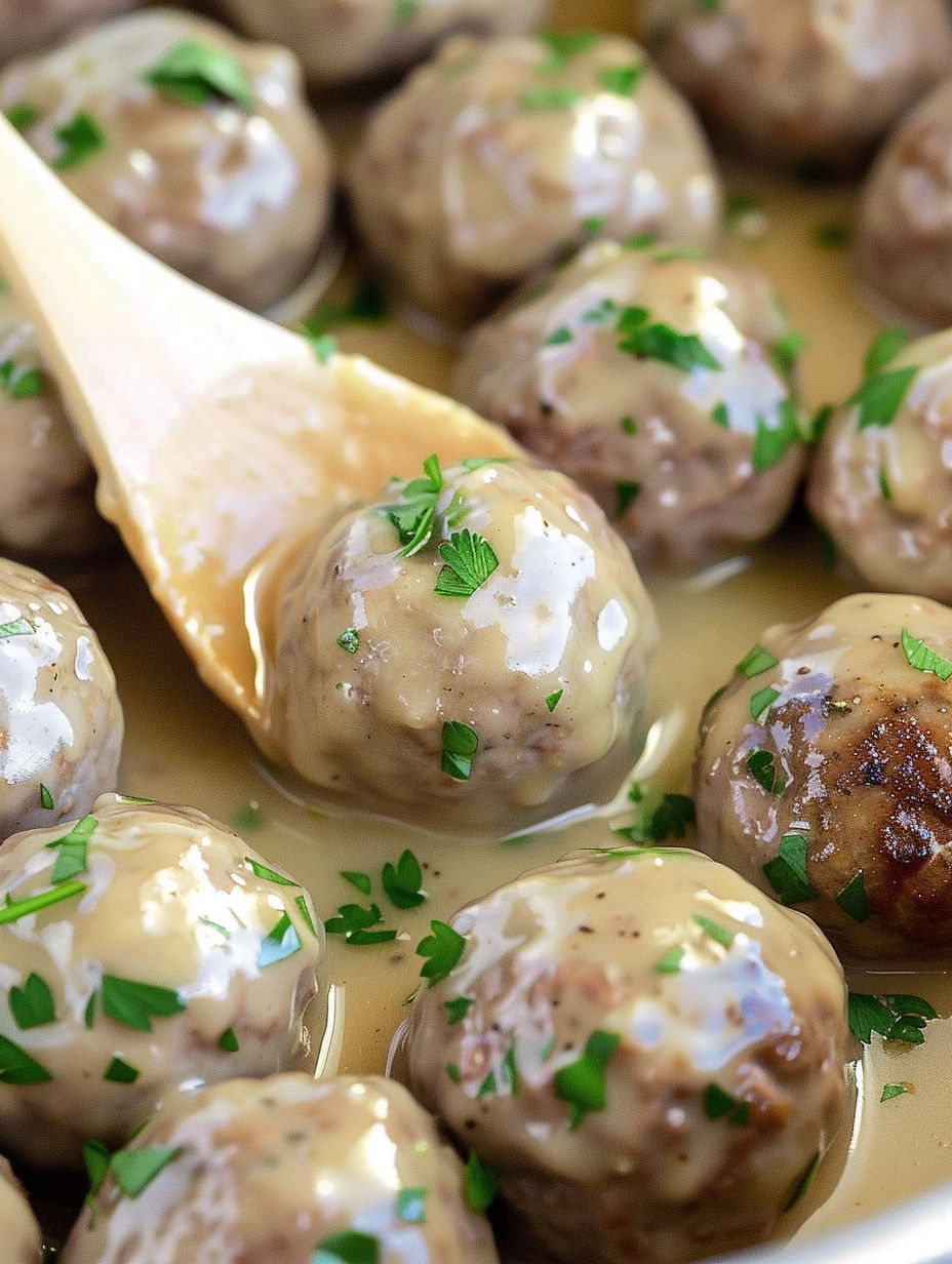 A bowl of meatballs with a spoon in it.