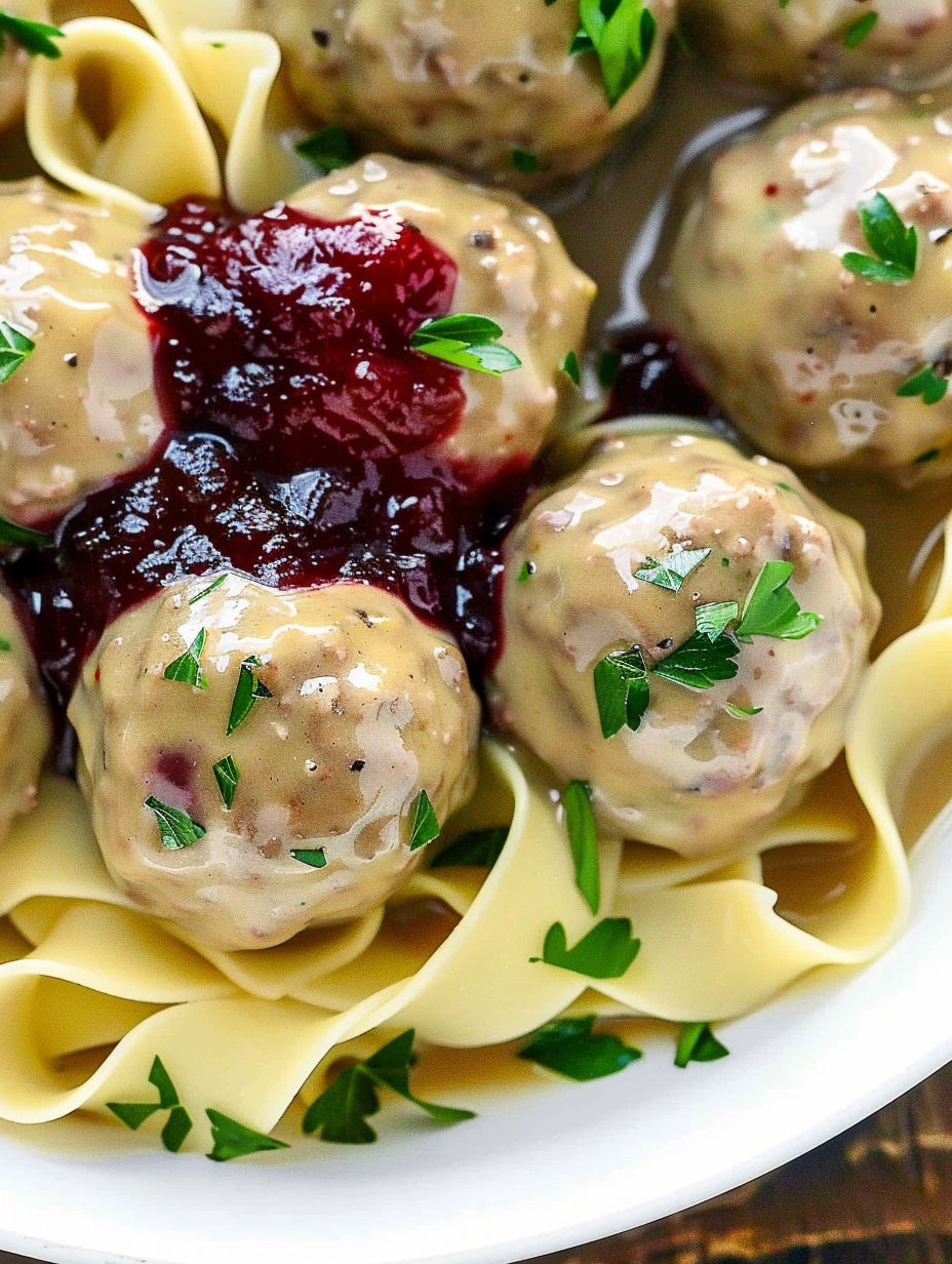 A plate of meatballs with sauce and a cherry on top.
