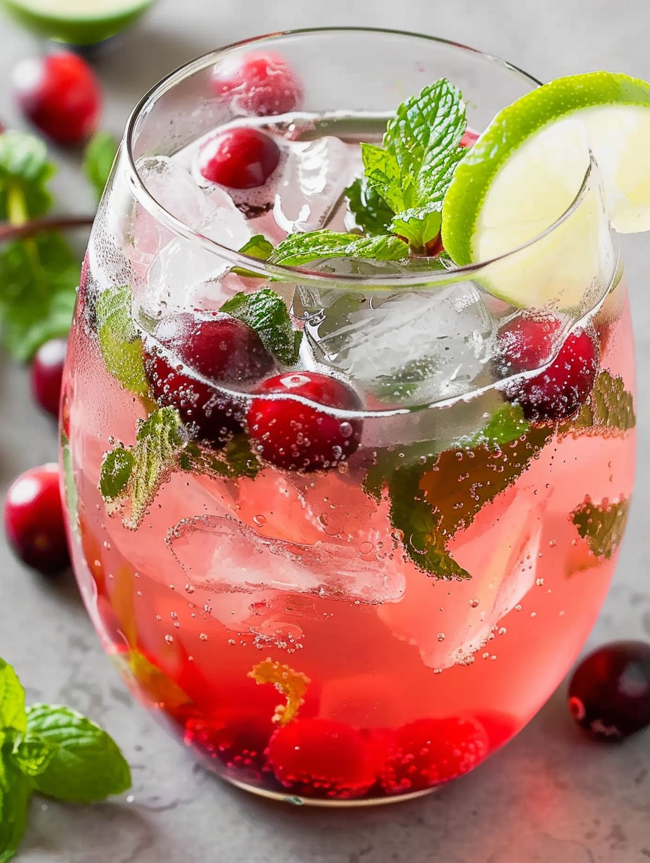 A glass of red wine with a cranberry and mint garnish.