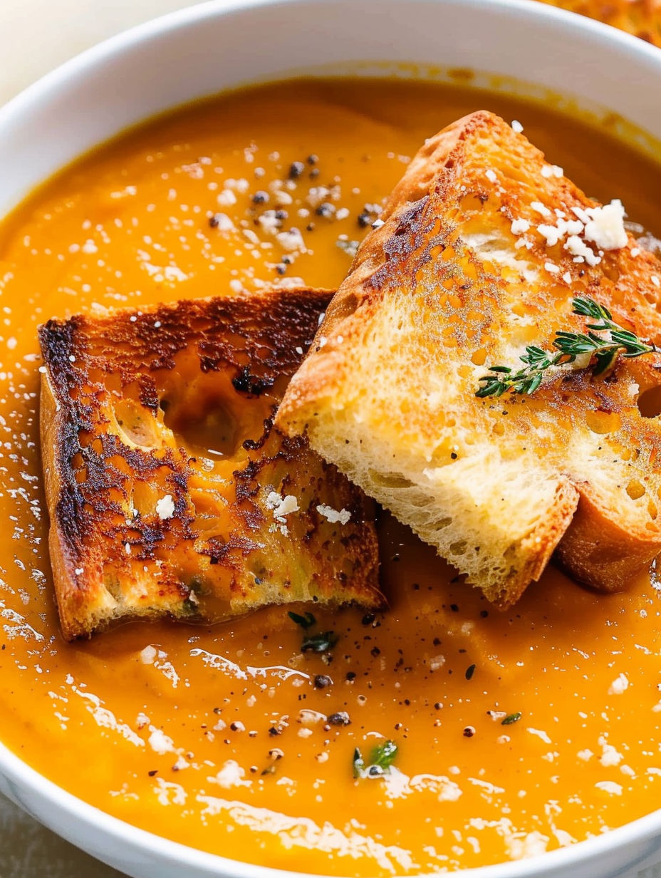 A bowl of spicy pumpkin soup with grilled cheese croutons on top.