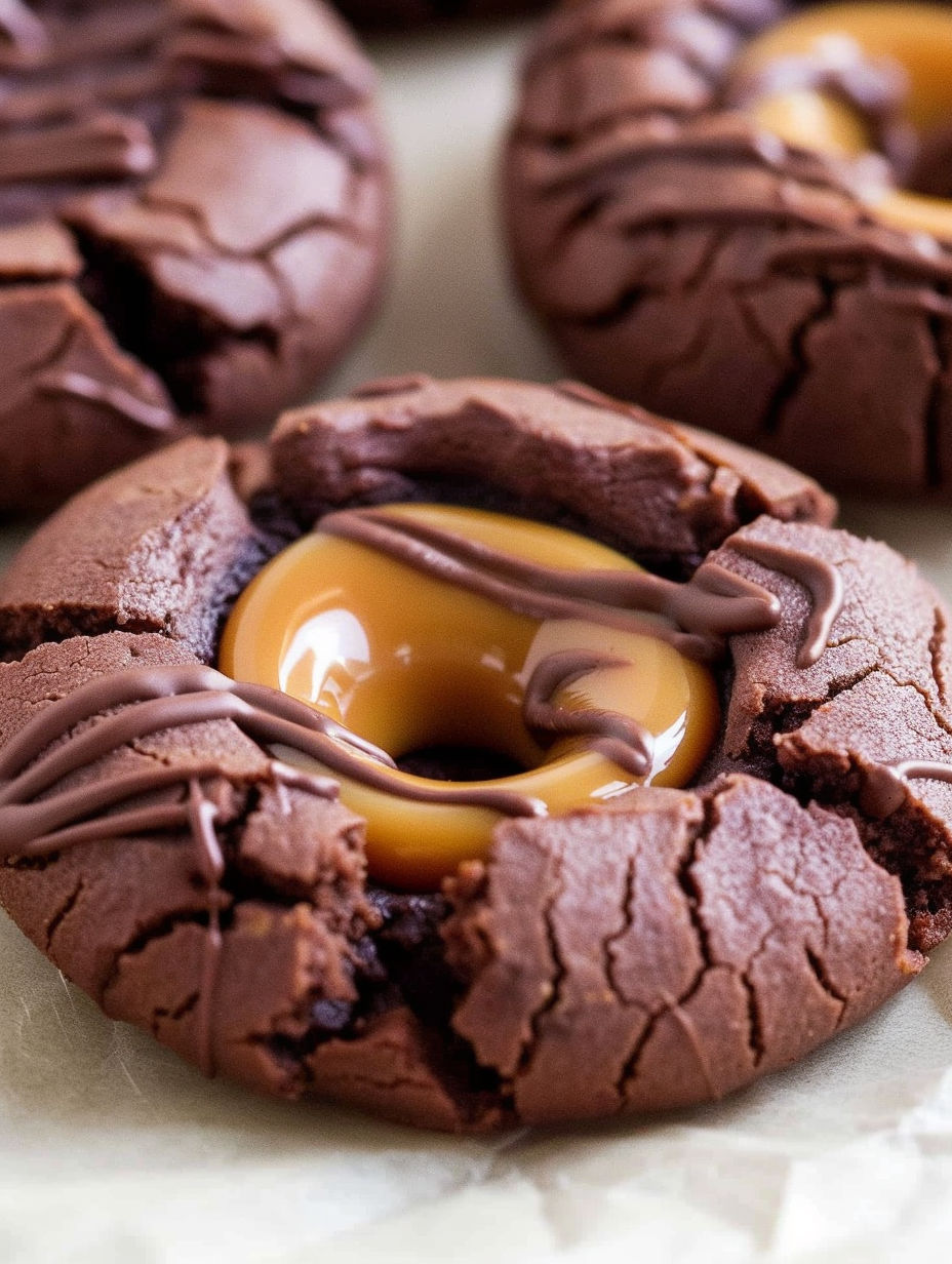 A chocolate caramel thumbprint cookie with a bite taken out of it.