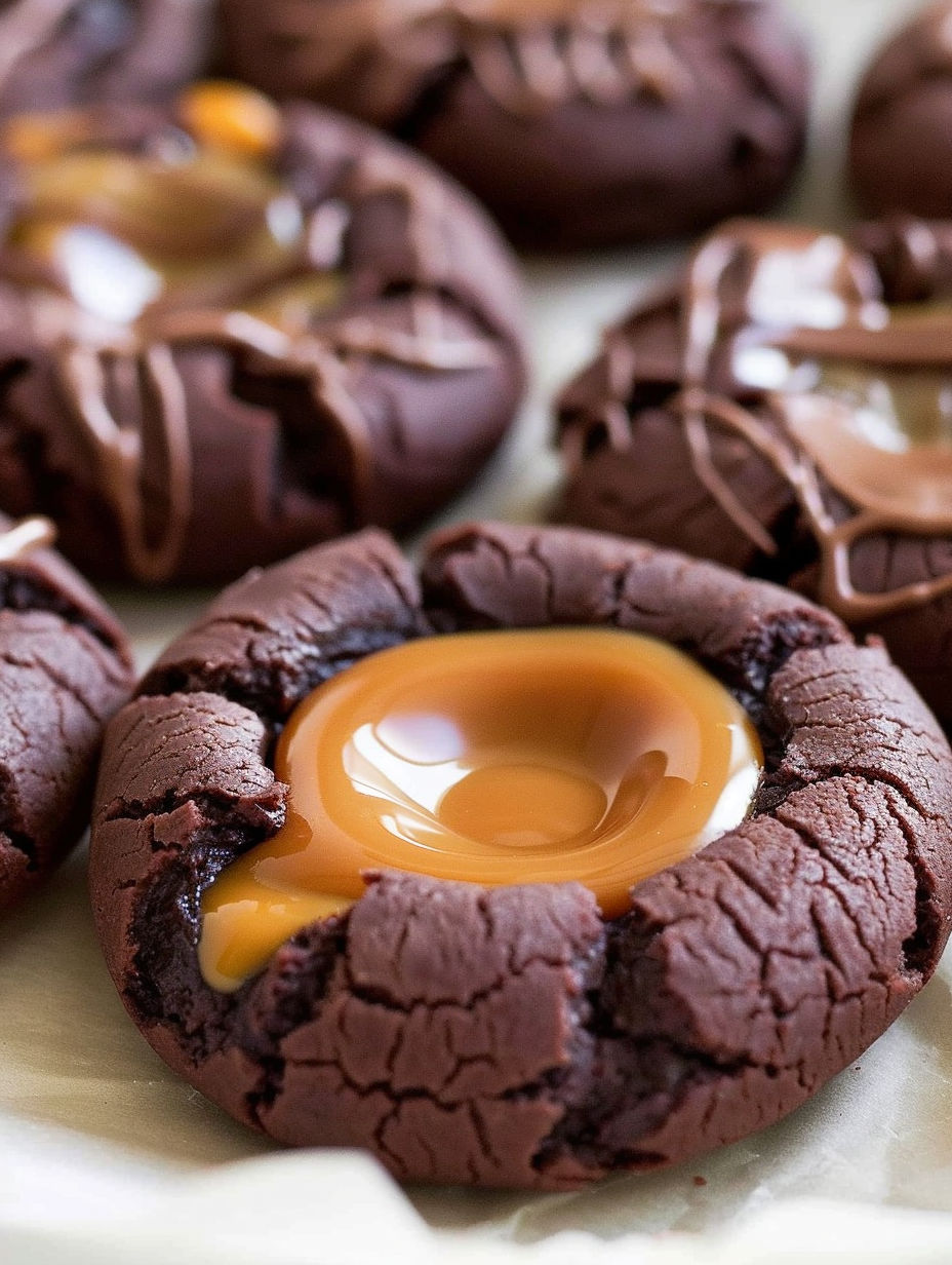 A close up of a chocolate caramel thumbprint cookie.