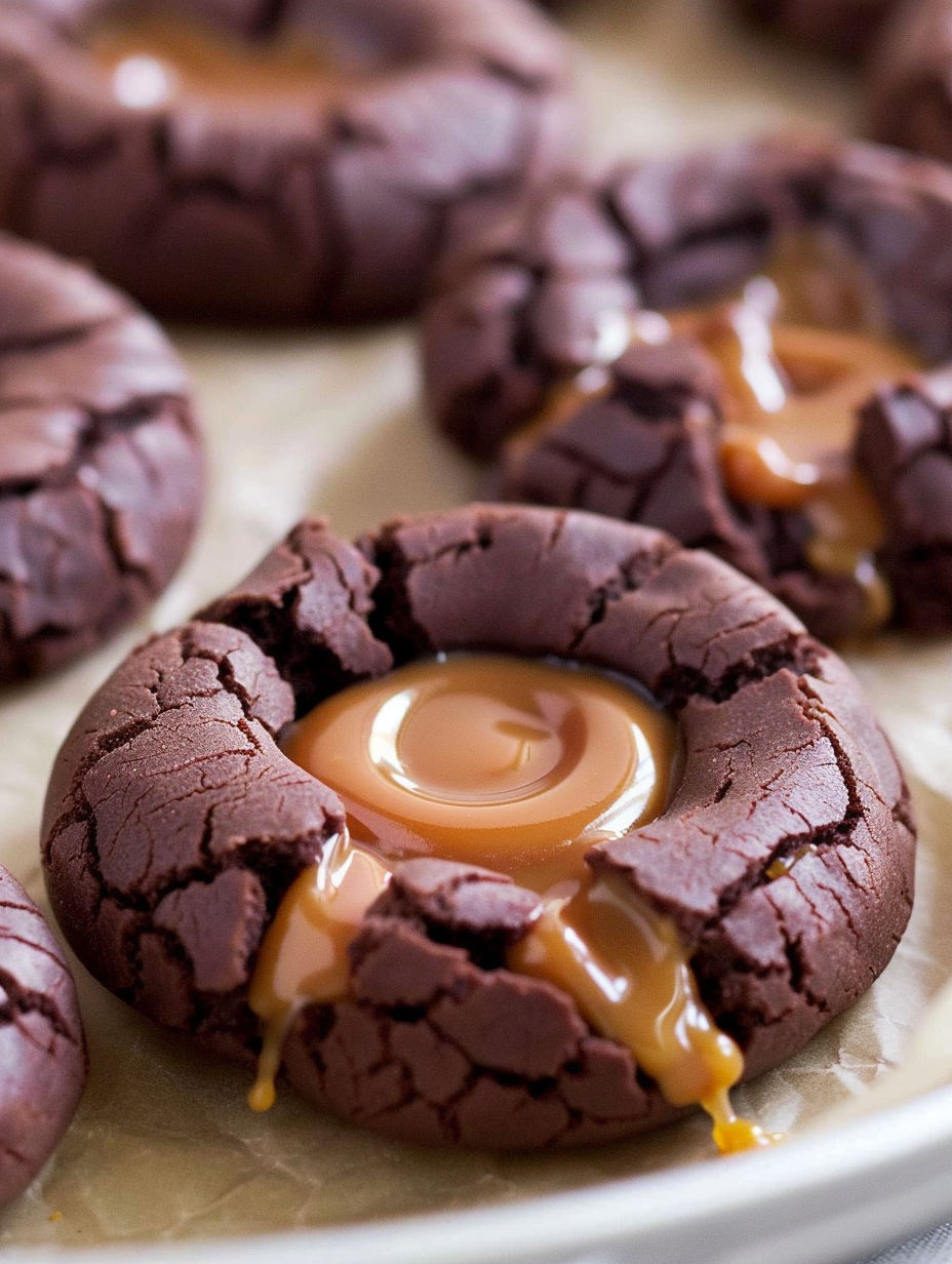 A close up of a chocolate caramel thumbprint cookie.