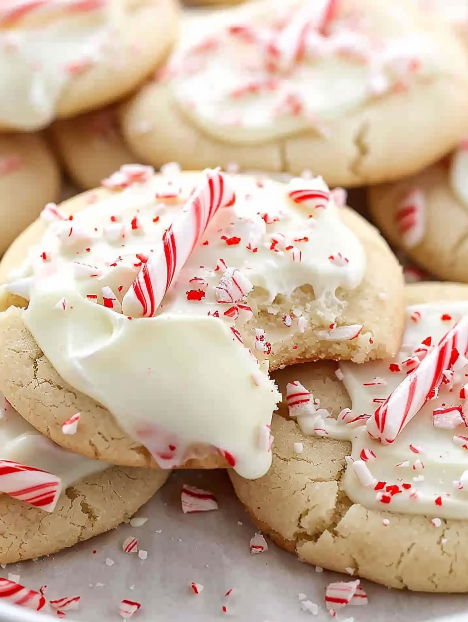 A close up of a white chocolate peppermint sugar cookie.