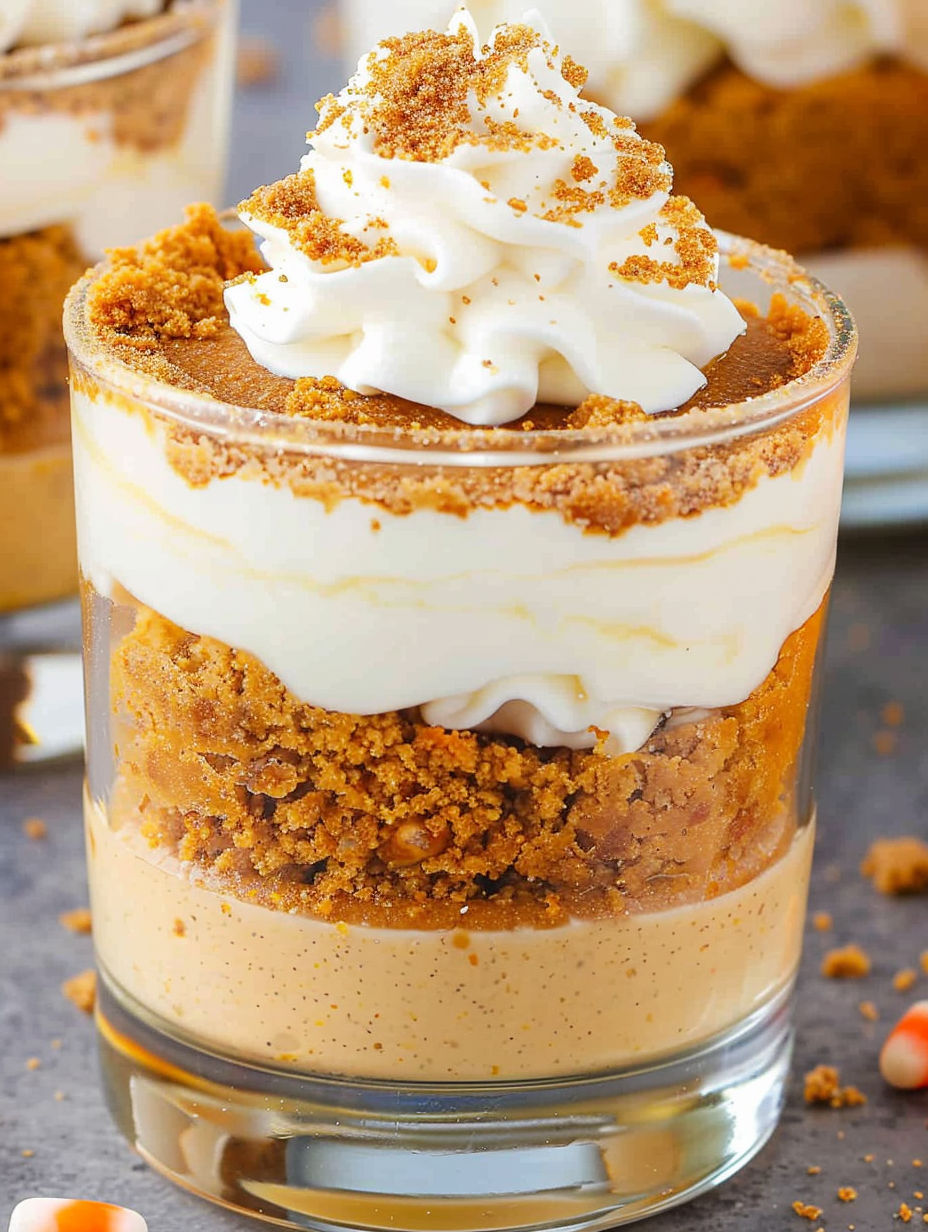 A cup of pumpkin pie with whipped cream on top.