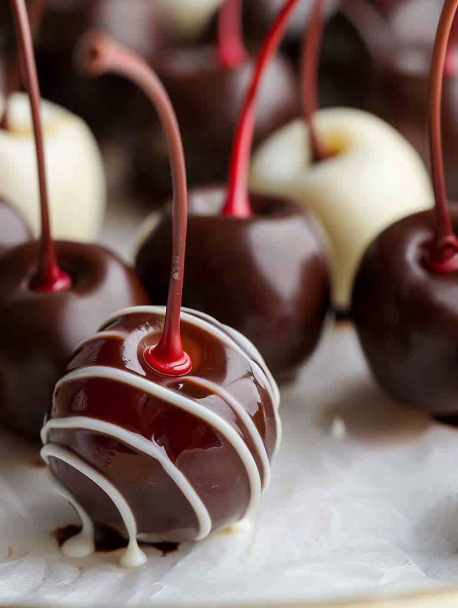 A chocolate covered cherry with a red topping.