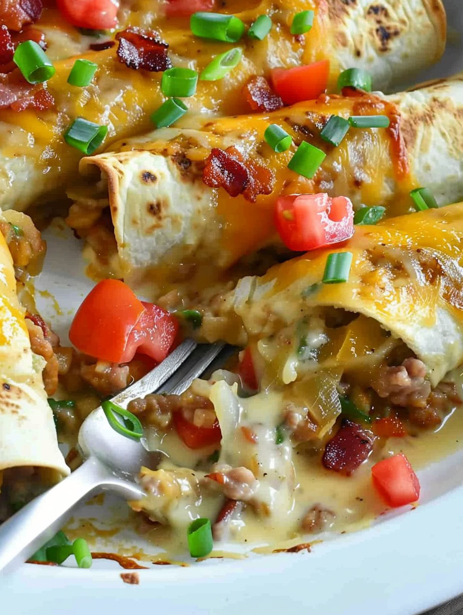 A plate of breakfast enchiladas with tomatoes and cheese.