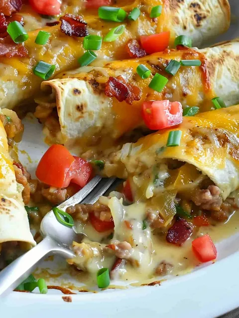 A plate of breakfast enchiladas with tomatoes and cheese.
