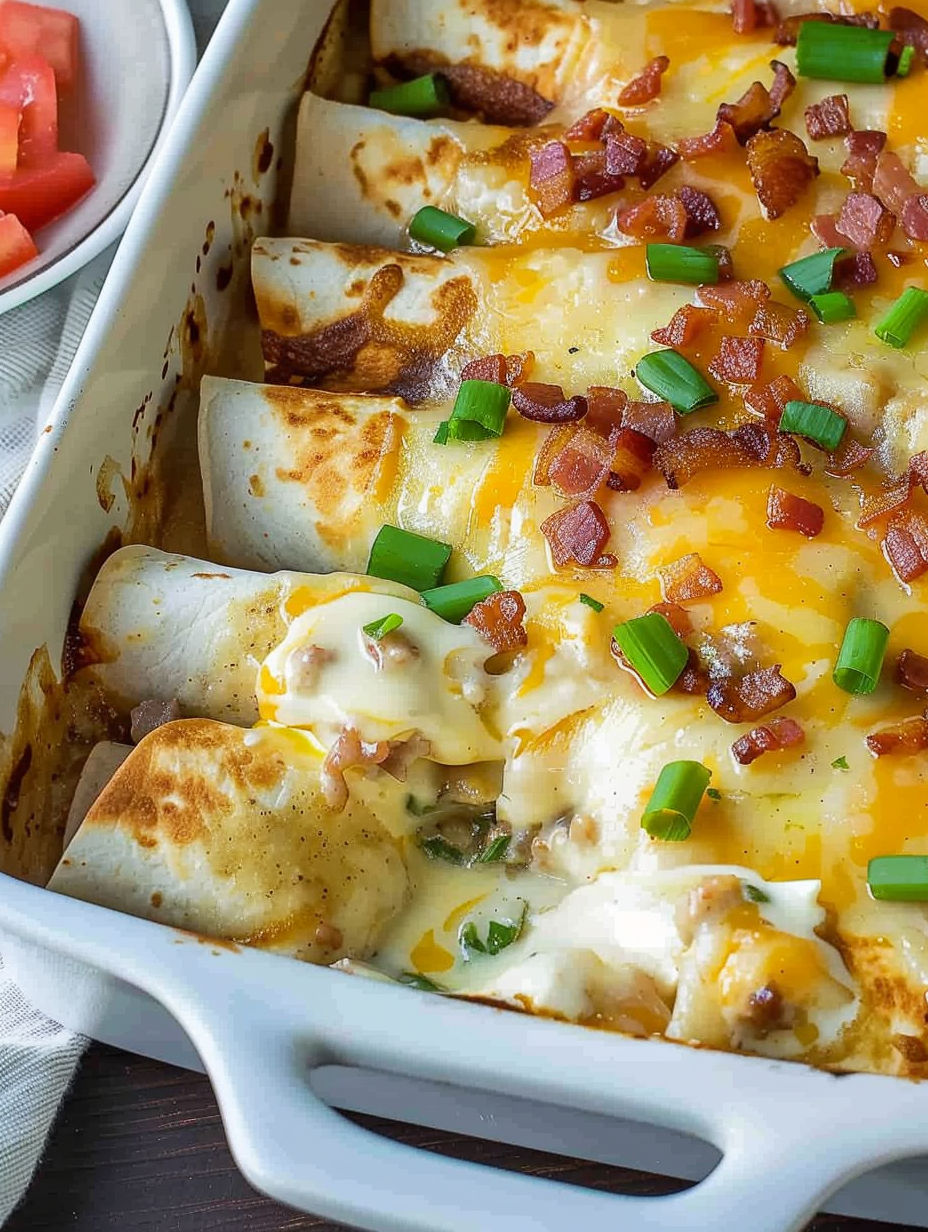 A dish of breakfast enchiladas with cheese and bacon.