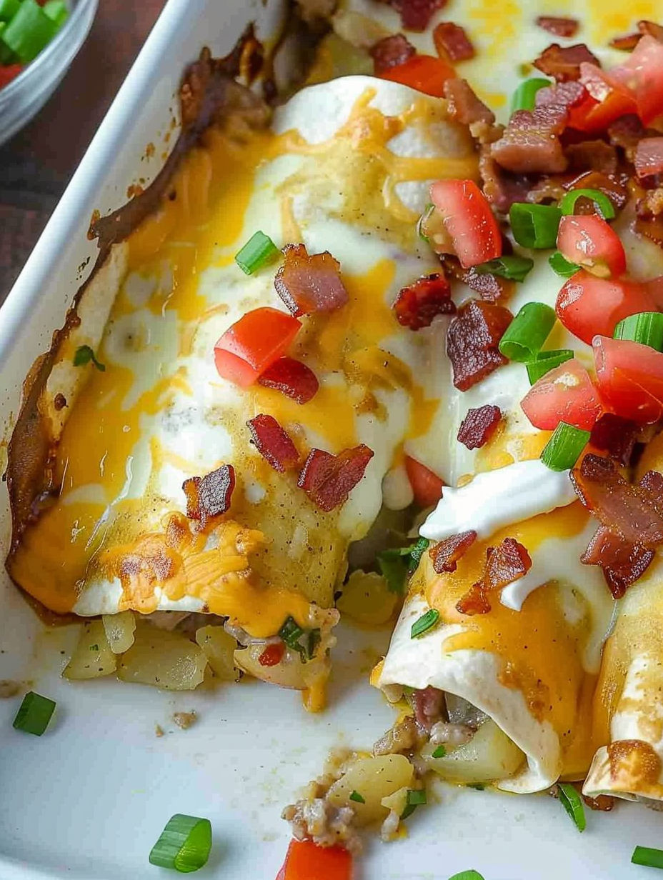 A breakfast enchilada with cheese, tomatoes, and bacon.