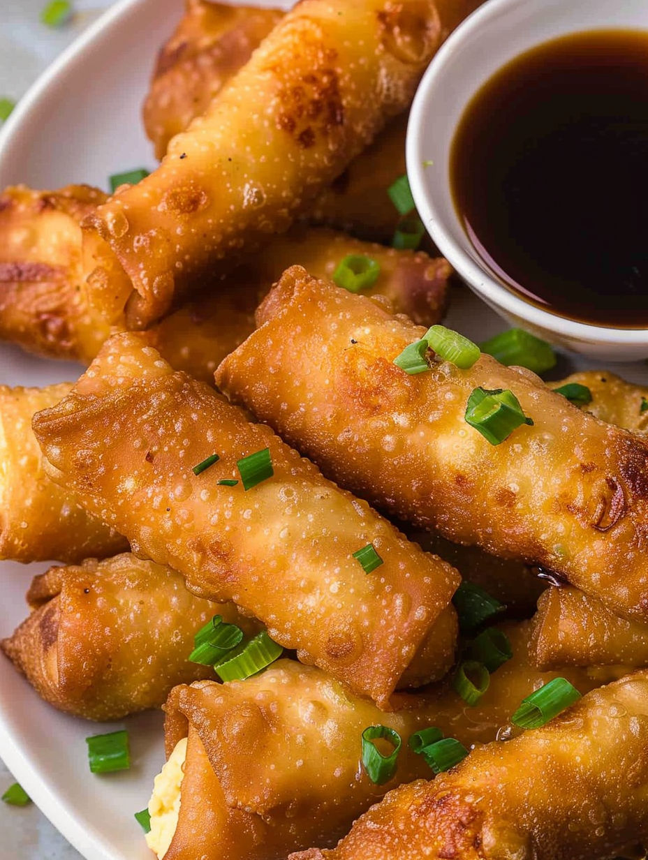 A plate of egg rolls with a bowl of sauce.