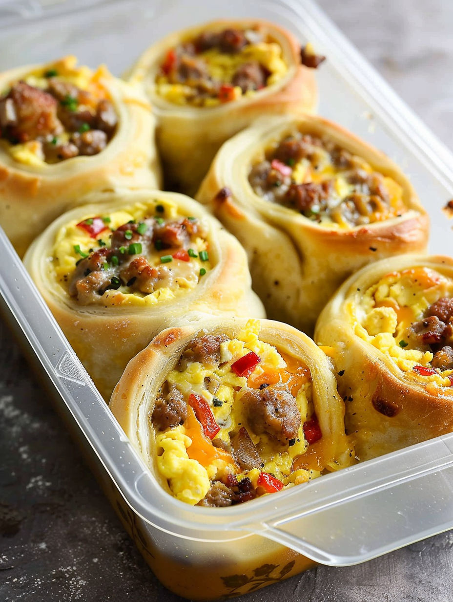 A container of breakfast rolls with meat and cheese.